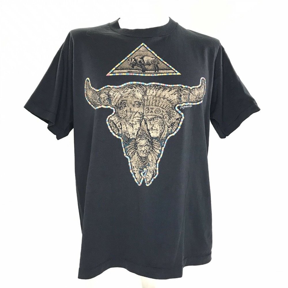 Men's T Shirt Native American Buffalo Skull Graphics Faded Black Vintage 90s XL